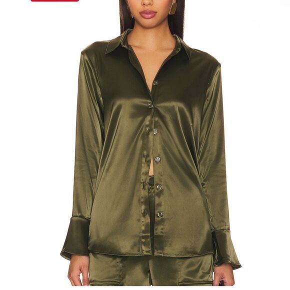NWT Remi x Revolve Serena button up satin shirt olive green blouse Plus 0X - Picture 2 of 12